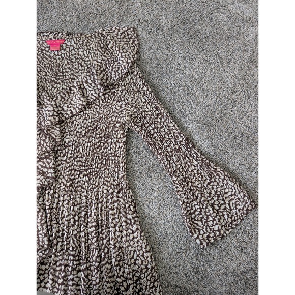 Sunny Leigh Brown Abstract Animal Print Ruffle V-Neck Bell Sleeve Y2K Mini Dress - Picture 4 of 4